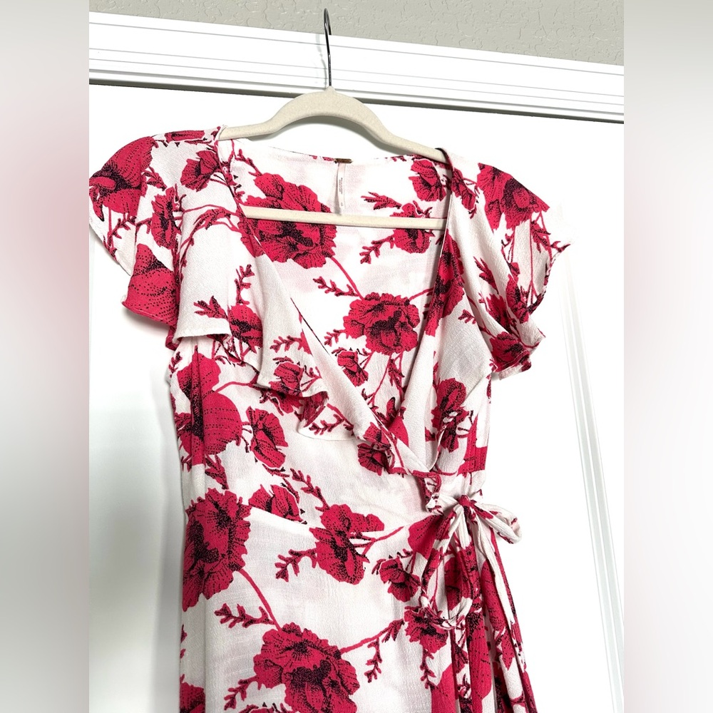 NWOT Free People pink and white Floral Wrap Dress with ruffle, V-neck detail - Picture 10 of 12